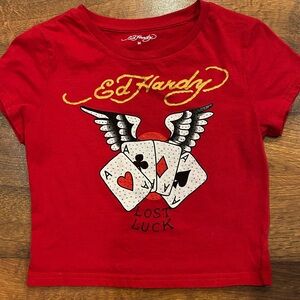 Ed Hardy Rhinestone Aces Red Crop T-Shirt Women’s Size Medium